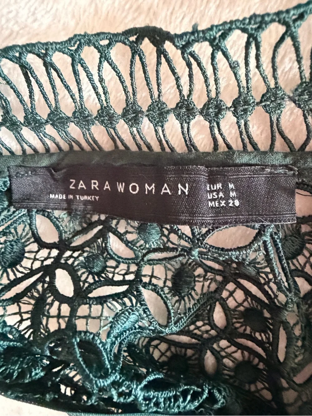 Zara Forest Green Lace Short-Sleeve Top Size M